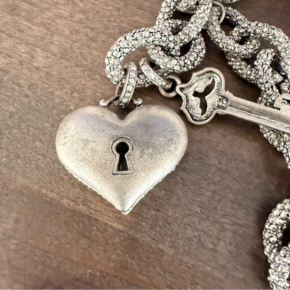 Silver Crystal Heart Lock Charm Necklace and Earrings Set - Picture 4 of 4
